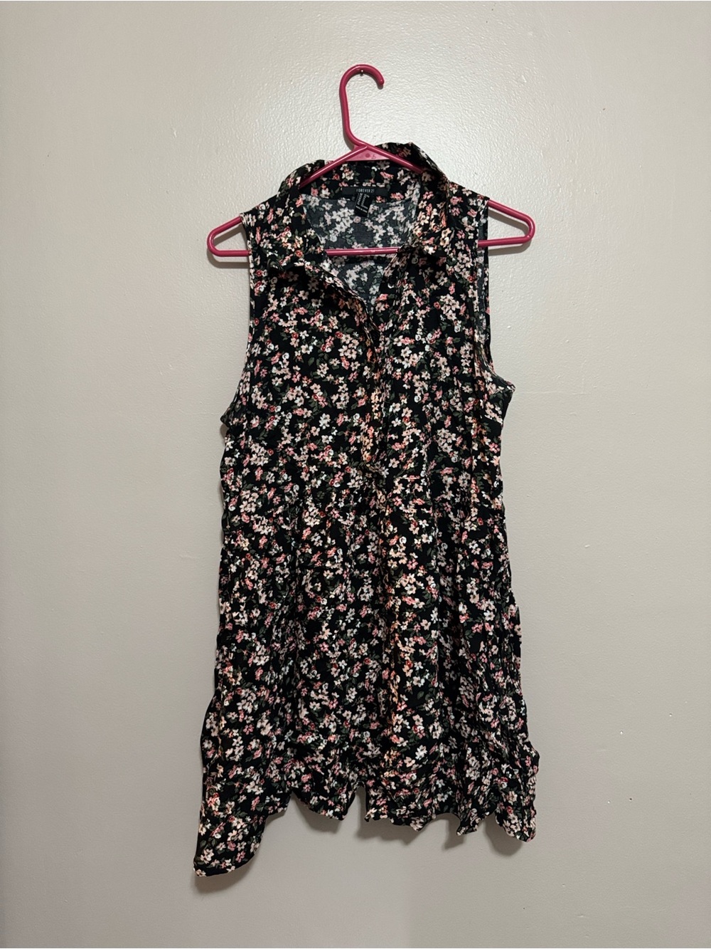Forever 21 Black Sleeveless Floral Tunic with Pink and White Blossoms